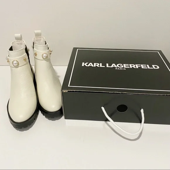 KARL LAGERFELD Pola Leather Off White Pearl Stud Ankle Strap Chelsea Booties NWT - Picture 11 of 16